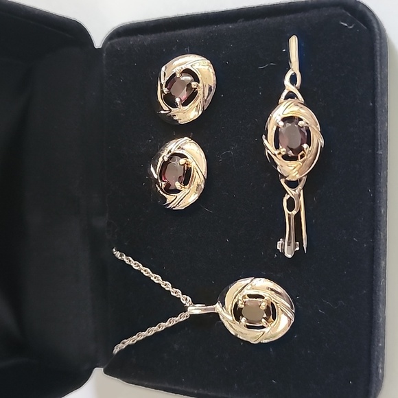 Womens Crimson Treasures Garnet Necklace Earrings and Pin Set Gold Tone - Picture 2 of 2